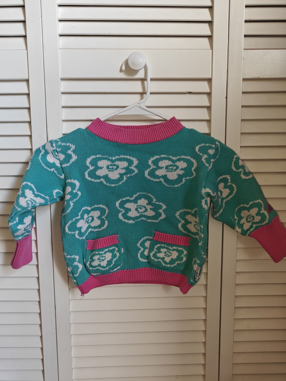 Vintage Gymboree Rainbow Tag Teal knit Sweater with white floral 18/24M